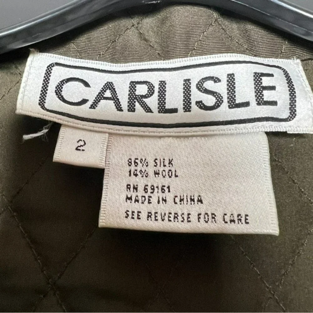 Carlisle Olive Green Silk Wool Lightweight Quilt Open Jacket Blazer Size 2 - Picture 3 of 9